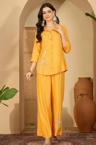 Women yellow embroidered viscose rayon shirt & trousers co-ords