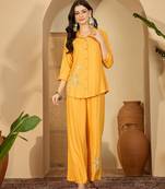 Women yellow embroidered viscose rayon shirt & trousers co-ords