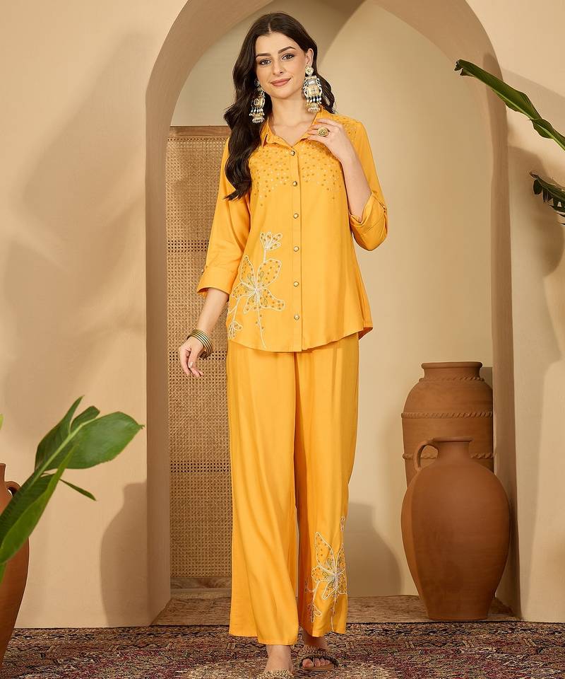 Women yellow embroidered viscose rayon shirt & trousers co-ords