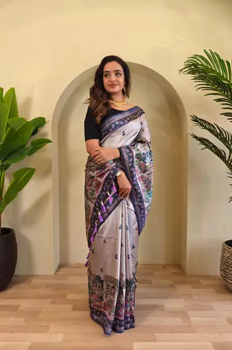 Grey art silk  woven saree