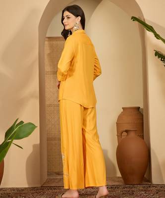 Women yellow embroidered viscose rayon shirt & trousers co-ords 2