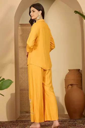 Women yellow embroidered viscose rayon shirt & trousers co-ords