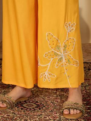 Women yellow embroidered viscose rayon shirt & trousers co-ords 3