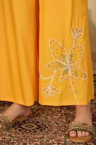 Women yellow embroidered viscose rayon shirt & trousers co-ords