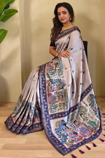 Grey art silk  woven saree