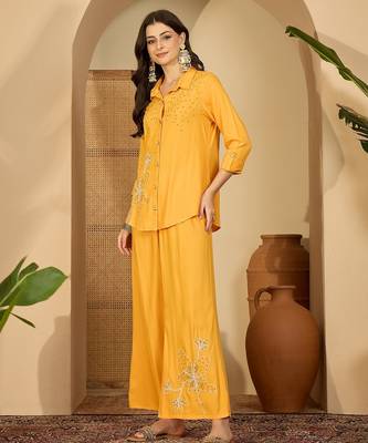 Women yellow embroidered viscose rayon shirt & trousers co-ords 4