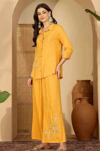 Women yellow embroidered viscose rayon shirt & trousers co-ords