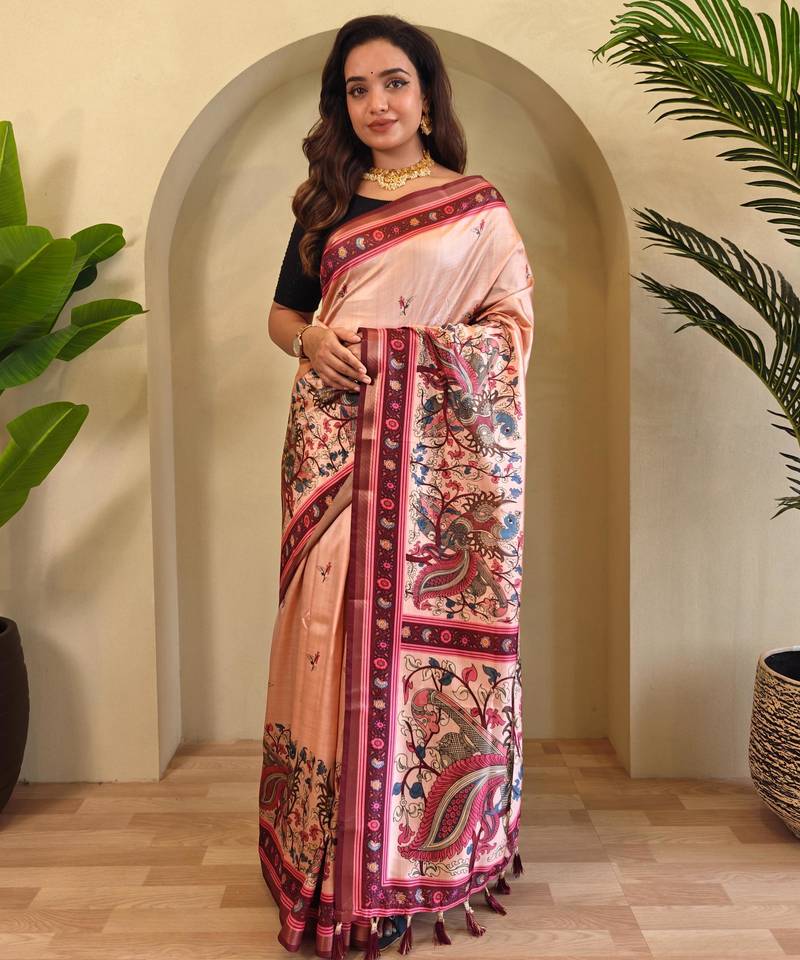 Peach art silk  woven saree