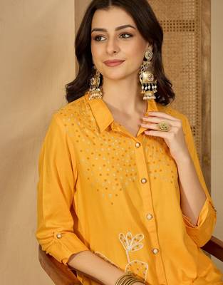 Women yellow embroidered viscose rayon shirt & trousers co-ords 5