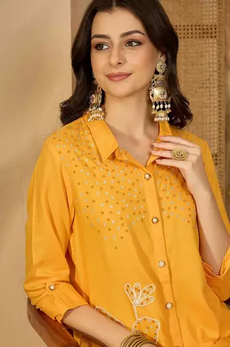 Women yellow embroidered viscose rayon shirt & trousers co-ords