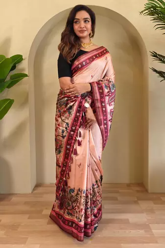 Peach art silk  woven saree