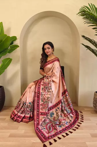 Peach art silk  woven saree