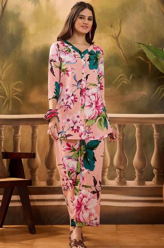 Floral printed v neck pure cotton top & trousers