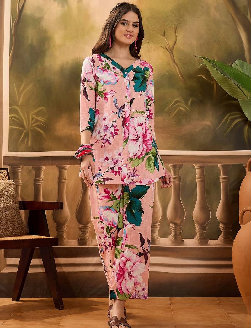 Floral printed v neck pure cotton top & trousers