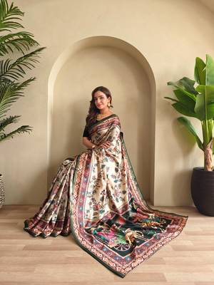 Cream art silk  woven saree 4