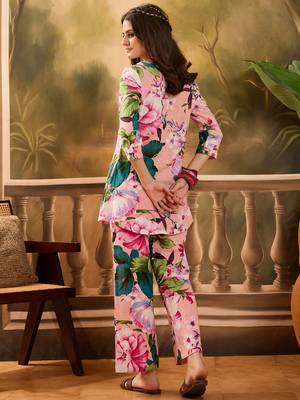 Floral printed v neck pure cotton top & trousers 2