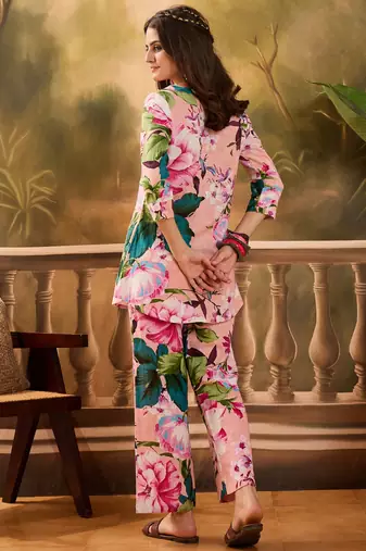 Floral printed v neck pure cotton top & trousers