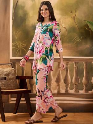 Floral printed v neck pure cotton top & trousers 4