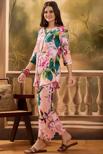 Floral printed v neck pure cotton top & trousers
