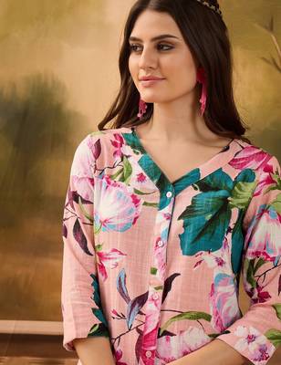 Floral printed v neck pure cotton top & trousers 5