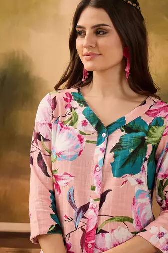 Floral printed v neck pure cotton top & trousers