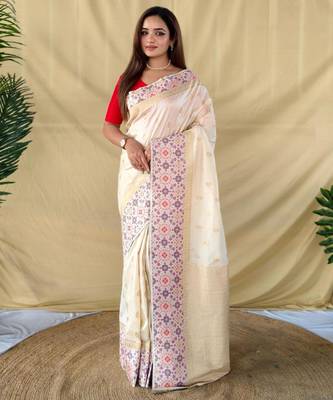 Cream art silk  woven saree 1