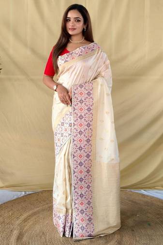 Cream art silk  woven saree