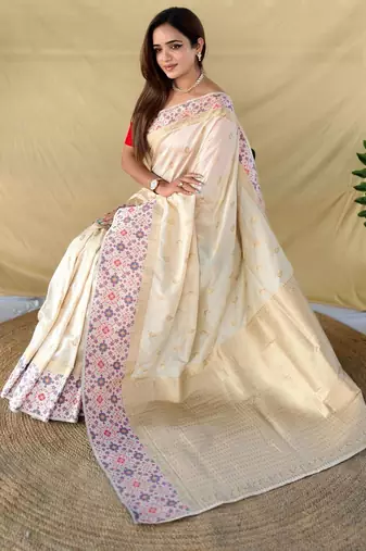 Cream art silk  woven saree