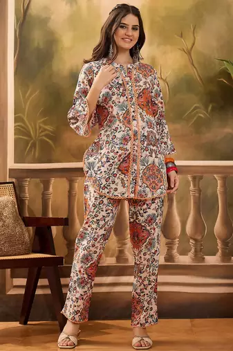 Floral printed mandarin collar pure cotton tunic & trouser