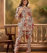 Floral printed mandarin collar pure cotton tunic & trouser