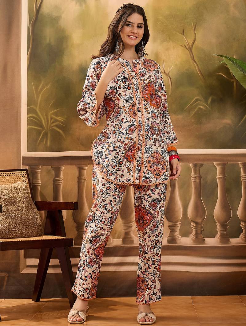Floral printed mandarin collar pure cotton tunic & trouser