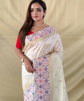 Cream art silk  woven saree 5