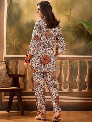 Floral printed mandarin collar pure cotton tunic & trouser 2
