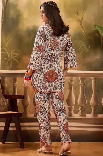 Floral printed mandarin collar pure cotton tunic & trouser