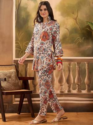 Floral printed mandarin collar pure cotton tunic & trouser 3