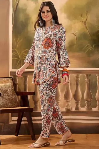 Floral printed mandarin collar pure cotton tunic & trouser