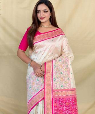 Cream art silk  woven saree 5