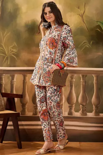 Floral printed mandarin collar pure cotton tunic & trouser