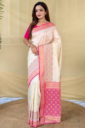 Cream art silk  woven saree