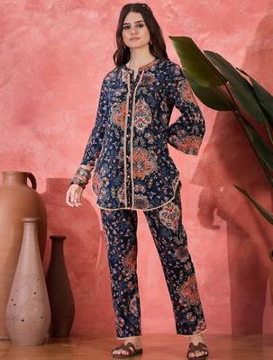 Floral printed mandarin collar pure cotton tunic & trouser 1