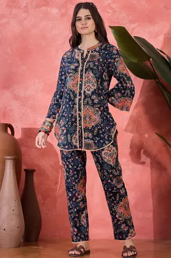 Floral printed mandarin collar pure cotton tunic & trouser