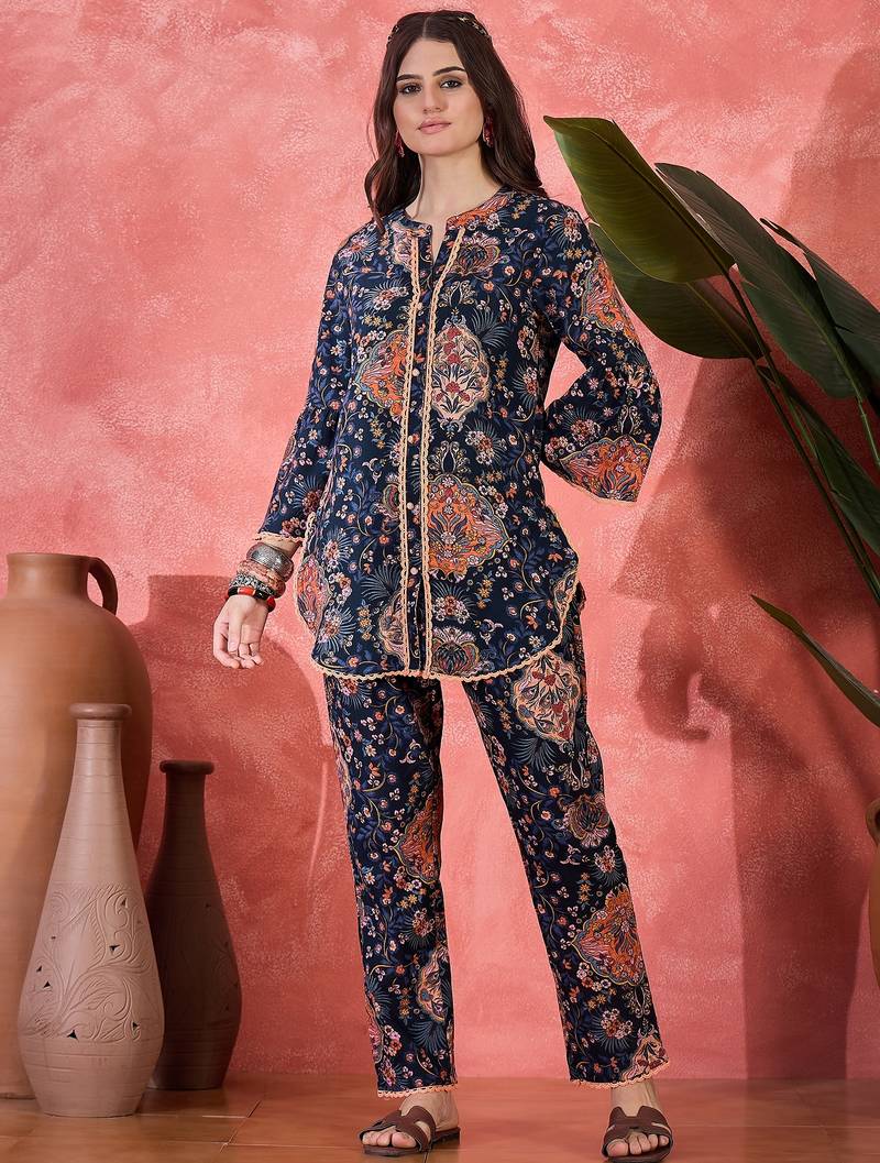 Floral printed mandarin collar pure cotton tunic & trouser