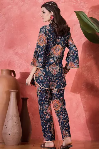 Floral printed mandarin collar pure cotton tunic & trouser