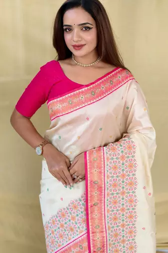 Cream art silk  woven saree