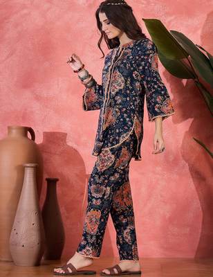 Floral printed mandarin collar pure cotton tunic & trouser 4