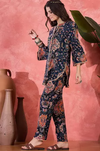 Floral printed mandarin collar pure cotton tunic & trouser