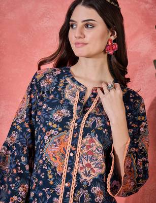 Floral printed mandarin collar pure cotton tunic & trouser 5