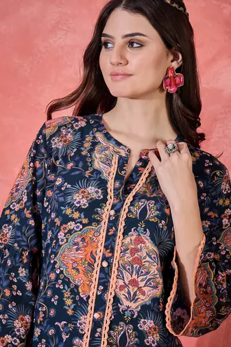 Floral printed mandarin collar pure cotton tunic & trouser