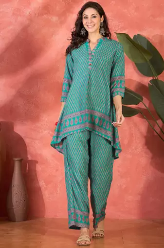 Floral printed mandarin collar tunic & trouser