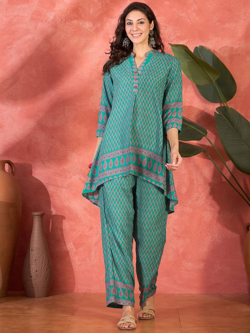 Floral printed mandarin collar tunic & trouser